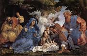 L'Adoration de l'Enfant Jesus avec la Vierge Marie et joseph,Elisabeth et Joachim et trois anges Lorenzo Lotto